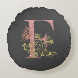 Pink Glitter Floral Letter F Round Cushion