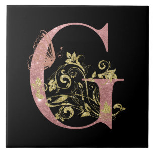 Pink Glitter Floral Letter G  Ceramic Tile