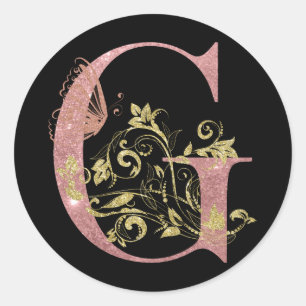 Pink Glitter Floral Letter G  Classic Round Sticker