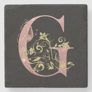 Pink Glitter Floral Letter G Stone Coaster