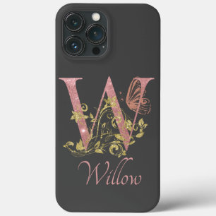 Pink Glitter Floral Letter W  iPhone 13 Pro Max Case