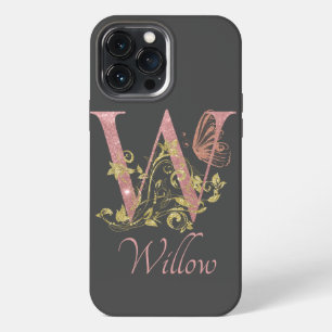 Pink Glitter Floral Letter W iPhone 13 Pro Max Case