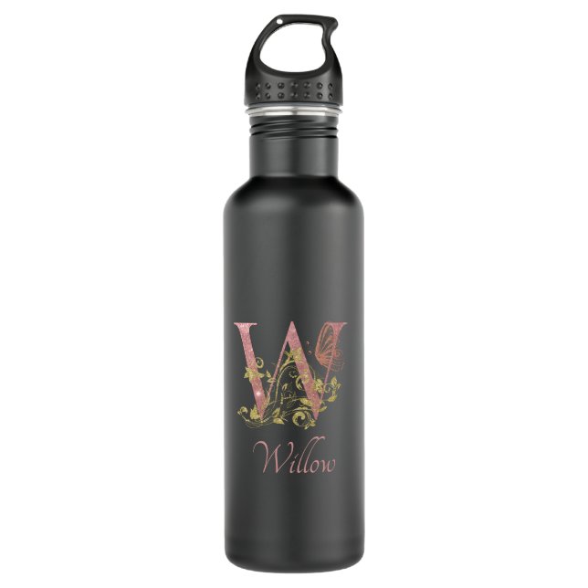 Pink Glitter Floral Letter W  Matte Black 710 Ml Water Bottle (Front)