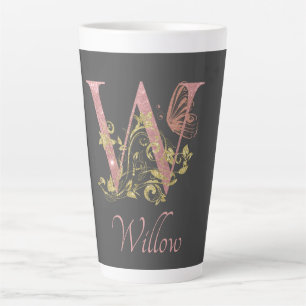 Pink Glitter Floral Letter W Personalised Latte Mug