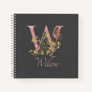 Pink Glitter Floral Letter W Sketch Notebook