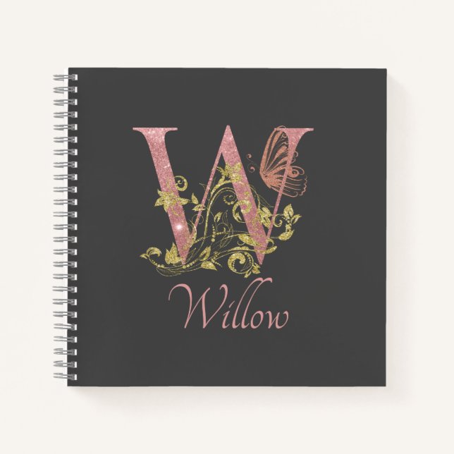 Pink Glitter Floral Letter W Sketch Notebook (Front)