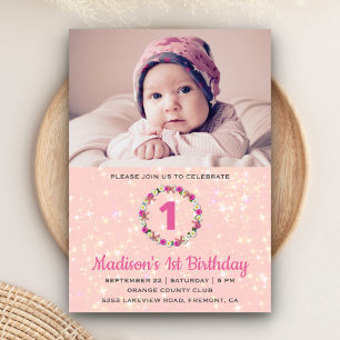 Pink Glitter Floral Wreath First Birthday Invite