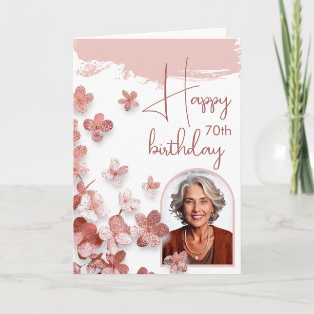 Pink Glitter Flower Floral Photo 70th Birthday Card (Front)