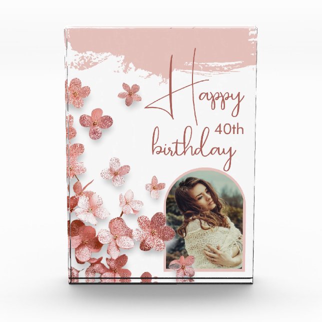Pink Glitter Flowers Floral 40th Birthday Photo Block (Front)