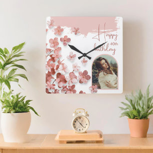 Pink Glitter Flowers Floral 40th Birthday Photo Square Wall Clock