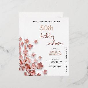 Pink Glitter Flowers Floral 50th Birthday Foil Invitation Postcard