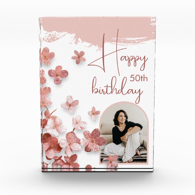 Pink Glitter Flowers Floral 50th Birthday Photo Block (Front)