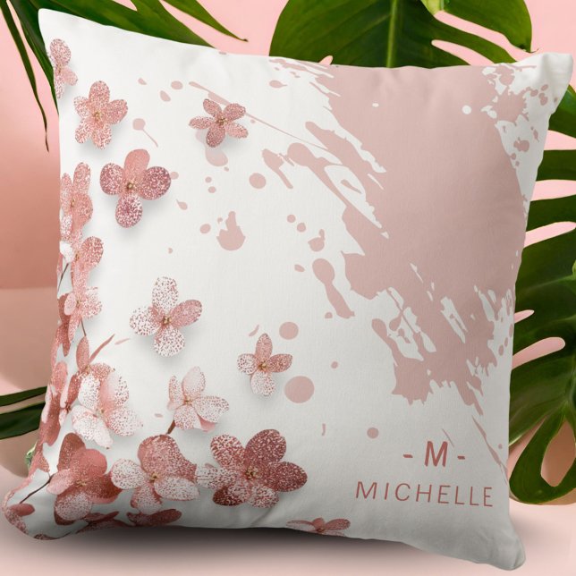 Pink Glitter Flowers Floral Brushstroke Monogram Cushion (Creator Uploaded)