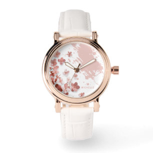 Pink Glitter Flowers Floral Brushstroke Monogram Watch