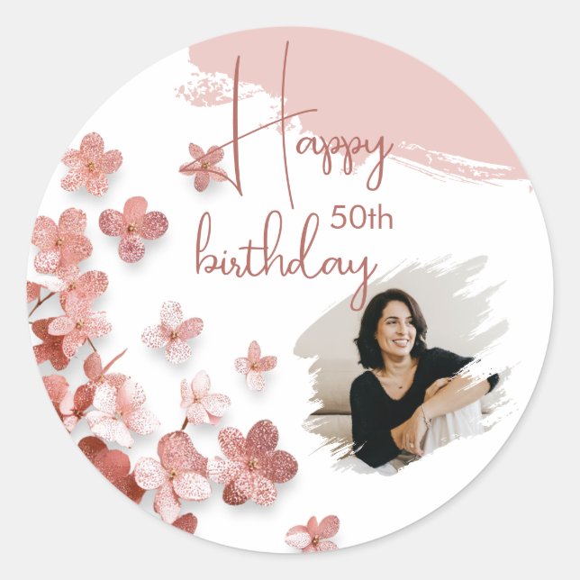 Pink Glitter Flowers Floral Photo 50th Birthday Classic Round Sticker (Front)