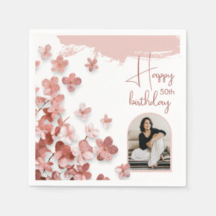 Pink Glitter Flowers Floral Photo 50th Birthday Napkin