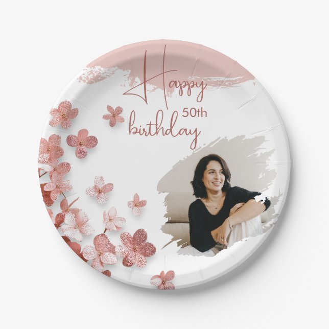 Pink Glitter Flowers Floral Photo 50th Birthday Paper Plate (Front)