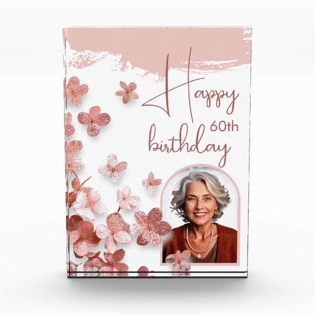 Pink Glitter Flowers Floral Woman Birthday Photo Block (Front)