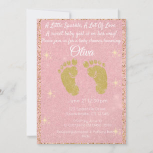 Pink Glitter Footprint Baby Girl Shower Invitation