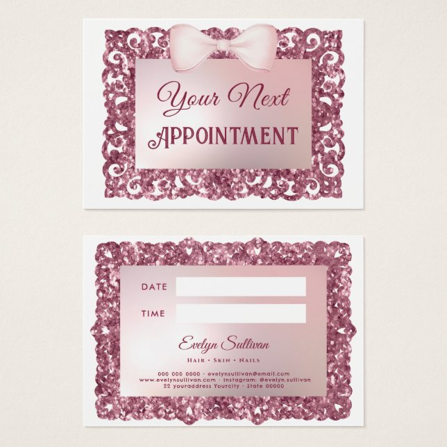 Pink glitter frame bow appointment card (Front & Back)