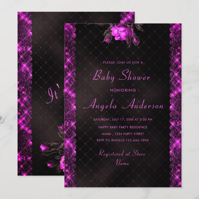 Pink Glitter Framed Baby Girl Shower Invitation (Front/Back)