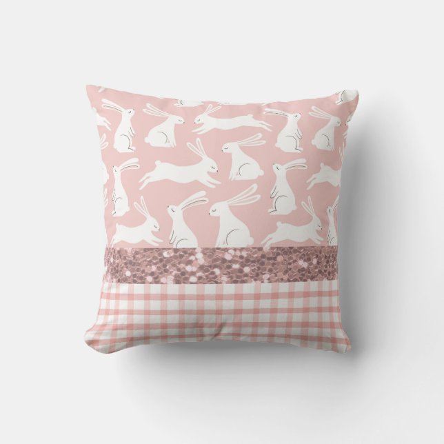 Pink Glitter Gingham Plaid Rabbits Cushion (Front)