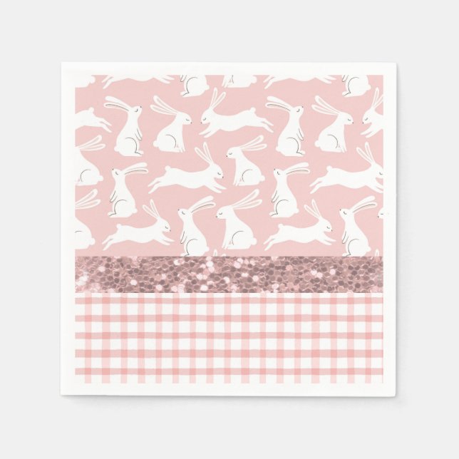 Pink Glitter Gingham Plaid Rabbits Napkins (Front)