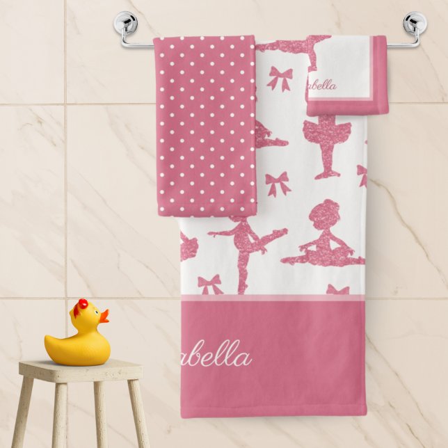 Pink Glitter Girl Ballerina Pattern Bathroom Bath Towel Set (Creator Uploaded)