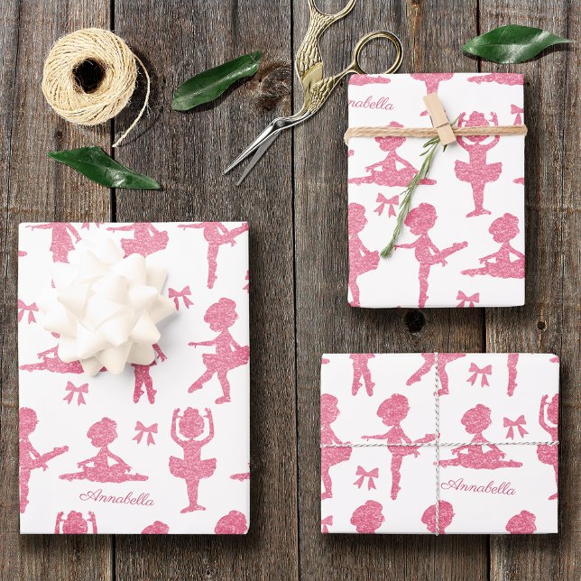 Pink Glitter Girl Ballerina Pattern Birthday Party Wrapping Paper Sheet (Creator Uploaded)