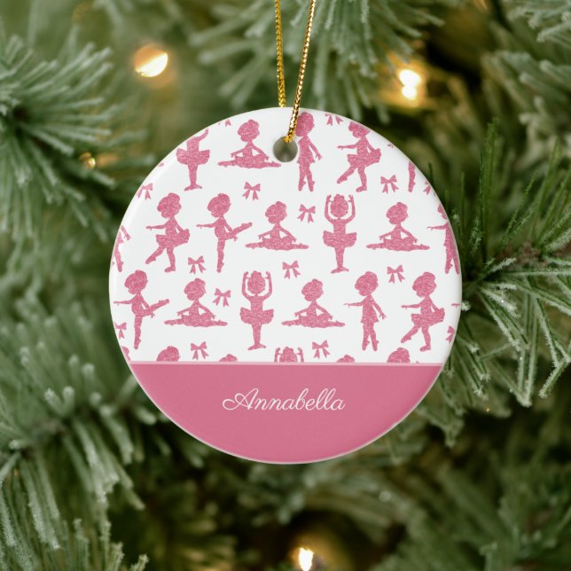 Pink Glitter Girl Ballerina Pattern Christmas Ceramic Ornament (Tree)