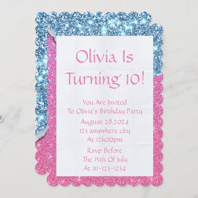 PINK GLITTER GIRL BIRTHDAY INVITATION (Front/Back)