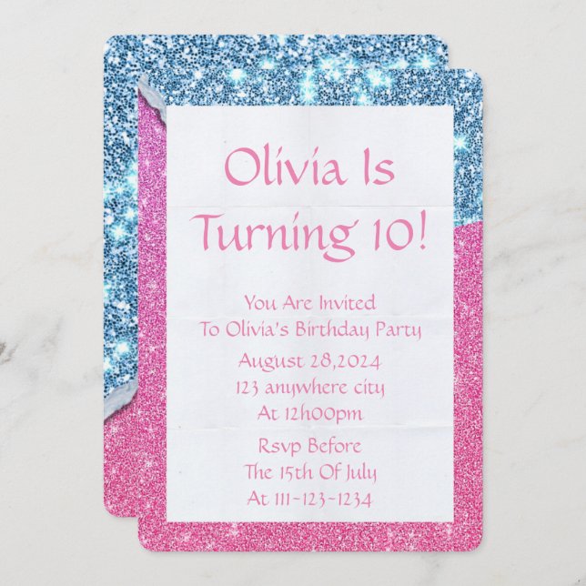 PINK GLITTER GIRL BIRTHDAY INVITATION (Front/Back)
