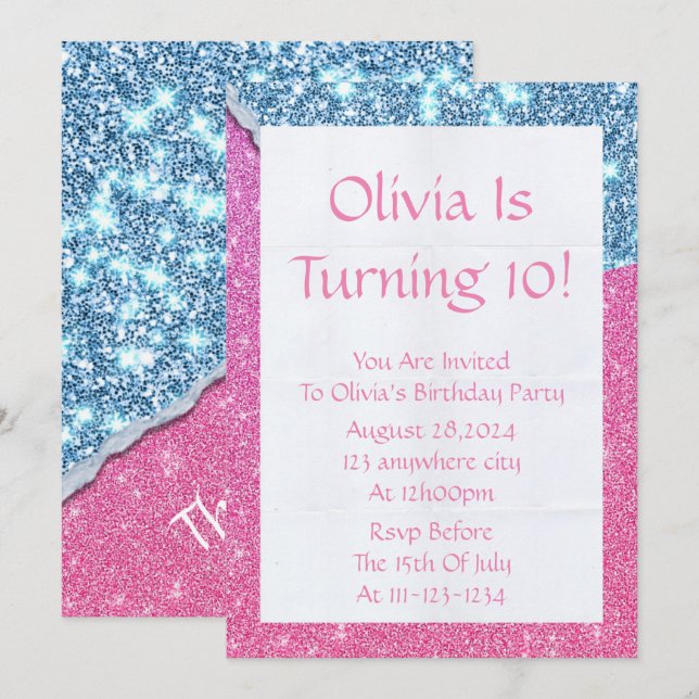 PINK GLITTER GIRL BIRTHDAY INVITATION (Front/Back)