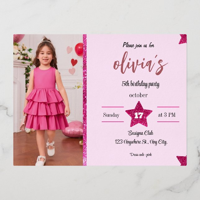 pink glitter girl  foil invitation postcard (Front)