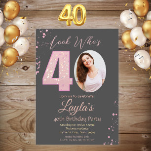 Pink Glitter Girl Photo 40th Birthday Party Invite