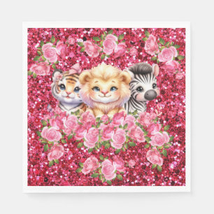 Pink Glitter GIrl's Baby Shower Wild Animals Napkin