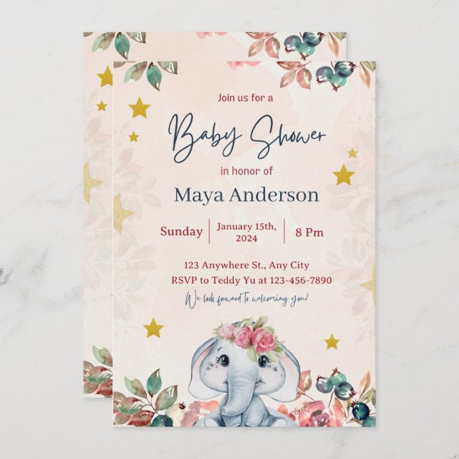 pink glitter girly cute  baby shower invitation (Front/Back)