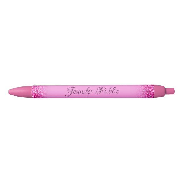 Pink Glitter Girly Shiny Personalized Name Script Black Ink Pen (Front)