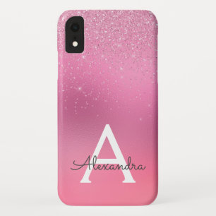 Pink Glitter Girly Sparkle Glitter Monogram iPhone XR Case