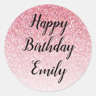 Pink Glitter Glam Happy Birthday Classic Round Sticker