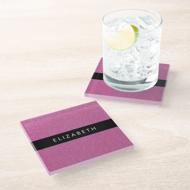Pink Glitter, Glitter Background, Your Name Glass Coaster (Angled)