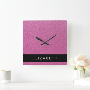 Pink Glitter, Glitter Background, Your Name Square Wall Clock