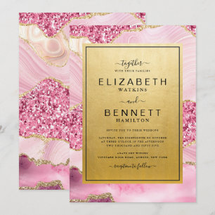 Pink Glitter Gold Agate Wedding Invitation