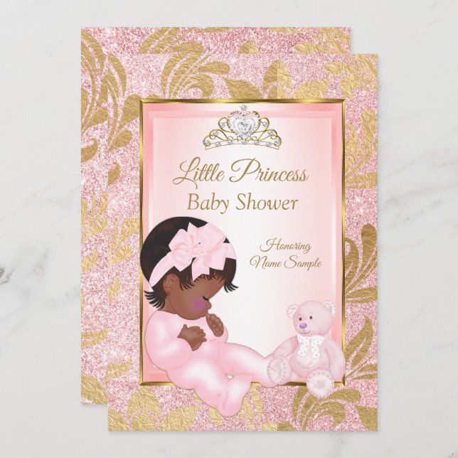 Pink Glitter Gold Baby Shower Bear Ethnic Invitation (Front/Back)