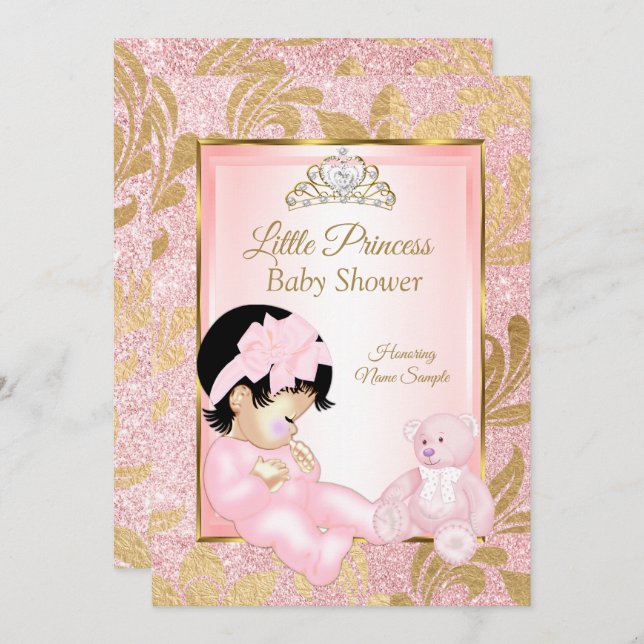 Pink Glitter Gold Baby Shower Bear Invitation (Front/Back)