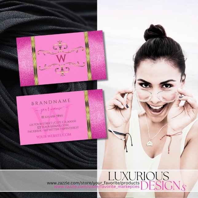 Pink Glitter Gold Border Ornamental with Monogram Business Card (Creator Uploaded)