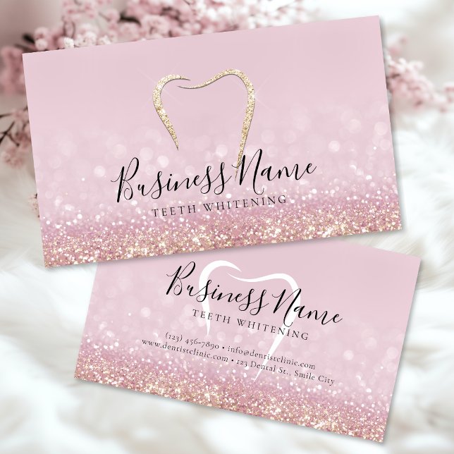 Pink Glitter Gold Tooth Teeth Whitening Business Card (Creator Uploaded)