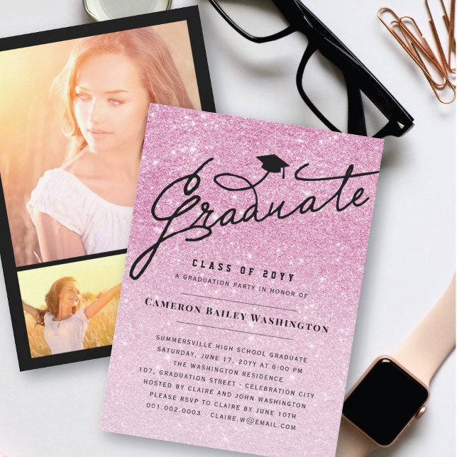 Pink Glitter Graduate Stylish Graduation Cap Party Invitation (Creator Uploaded)