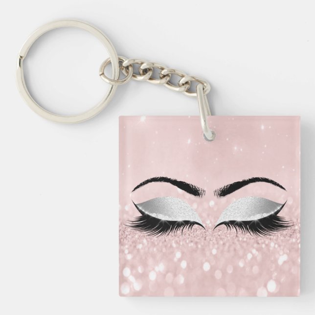 Pink Glitter Grey Girly Makeup Lashes Name Eyes Key Ring (Front)