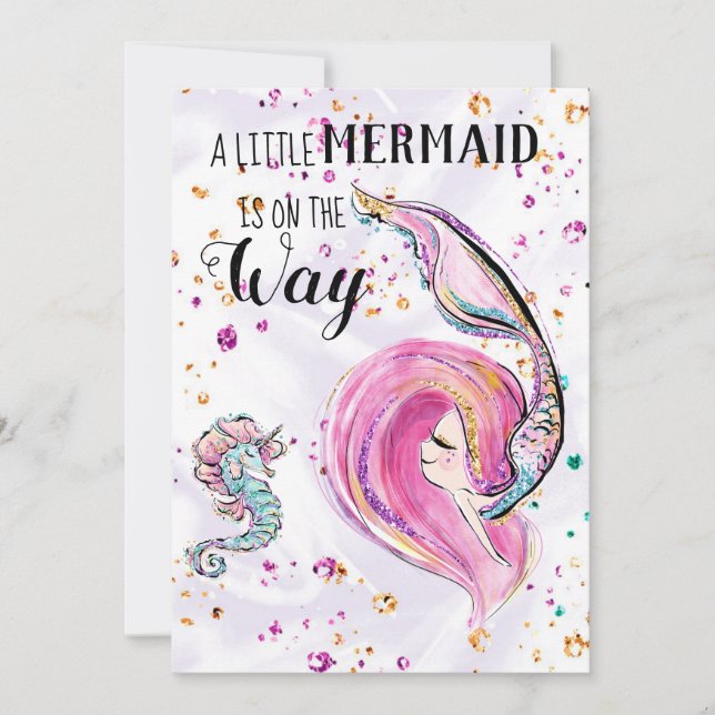 ~ Pink Glitter Hair Mermaid Baby Shower Invitation (Front)